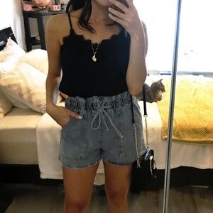 High Waisted Blue Denim Paper Bag Shorts w/ Elasticized Waistband & Drawstring